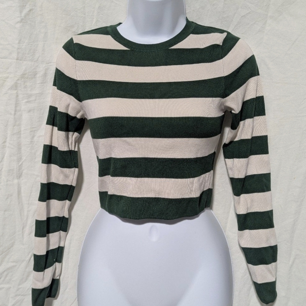 Zara Green and Cream Striped Long Sleeve Top